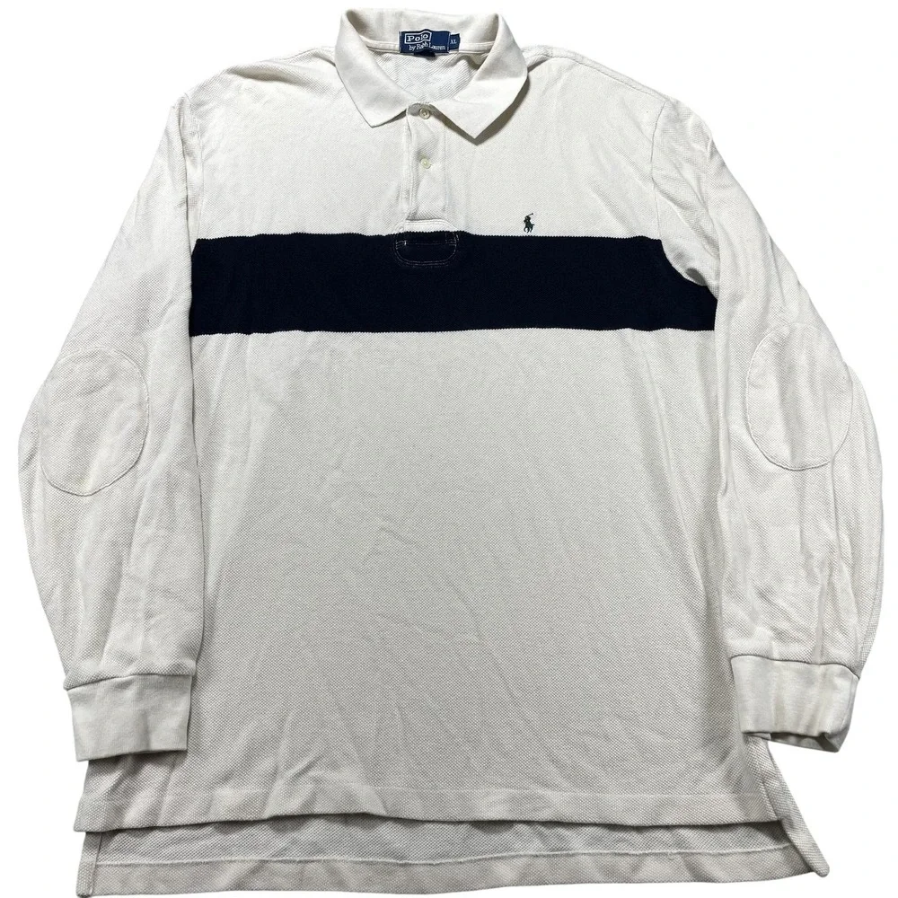 Polo By Ralph Lauren Polo Shirt Mens XL White Navy Stripe Rugby Long Sleeve